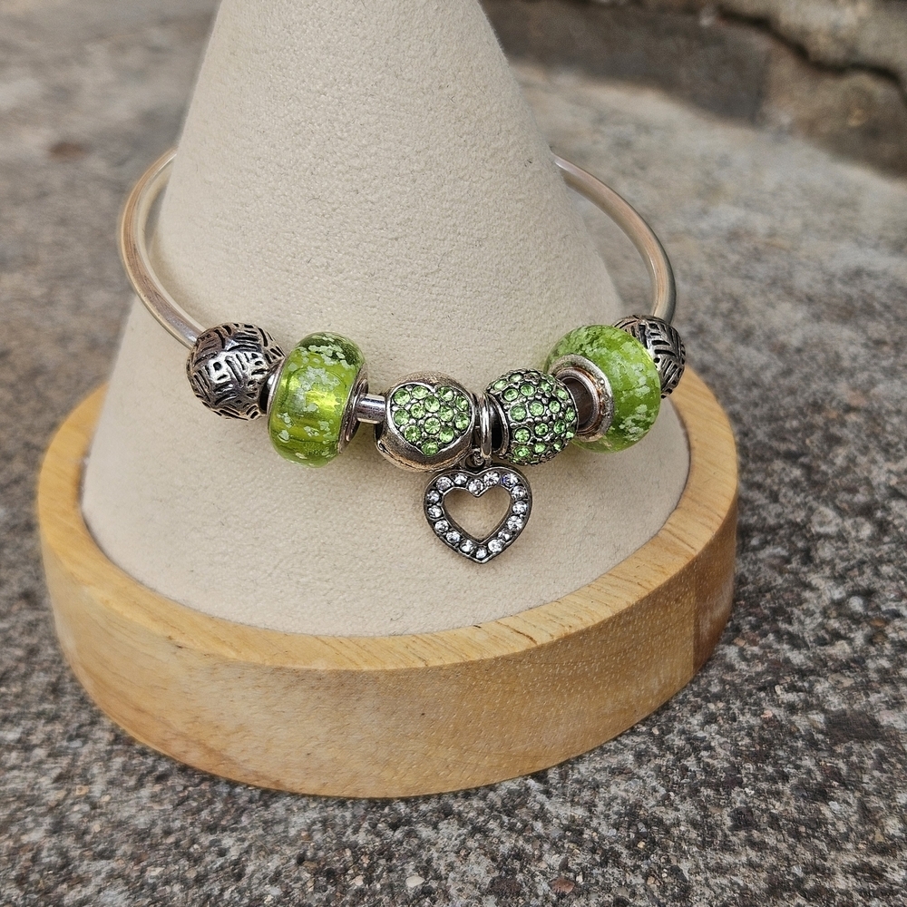 Green and Silver Slider Charm Bracelet Heart Dangle Rhinestone Women's Jewelry